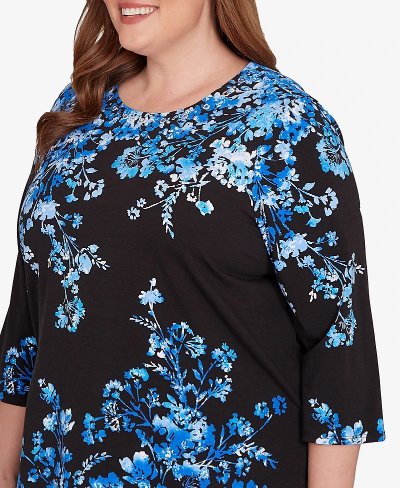 Alfred Dunner Plus Floral Asymmetric Three Quarter Sleeve Top