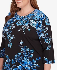 Alfred Dunner Plus Floral Asymmetric Three Quarter Sleeve Top