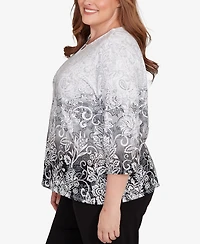 Alfred Dunner Plus Ombre Scroll Split Beaded Neck Top