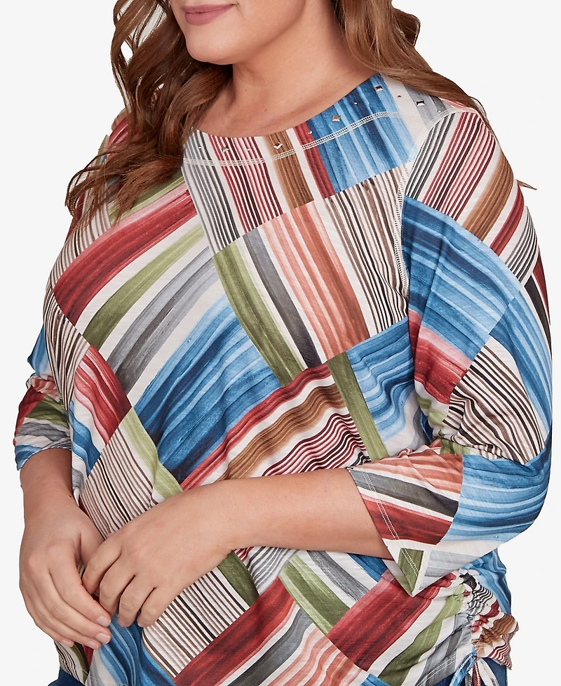 Alfred Dunner Plus Classic Stripe Patchwork Ruched Sides Top