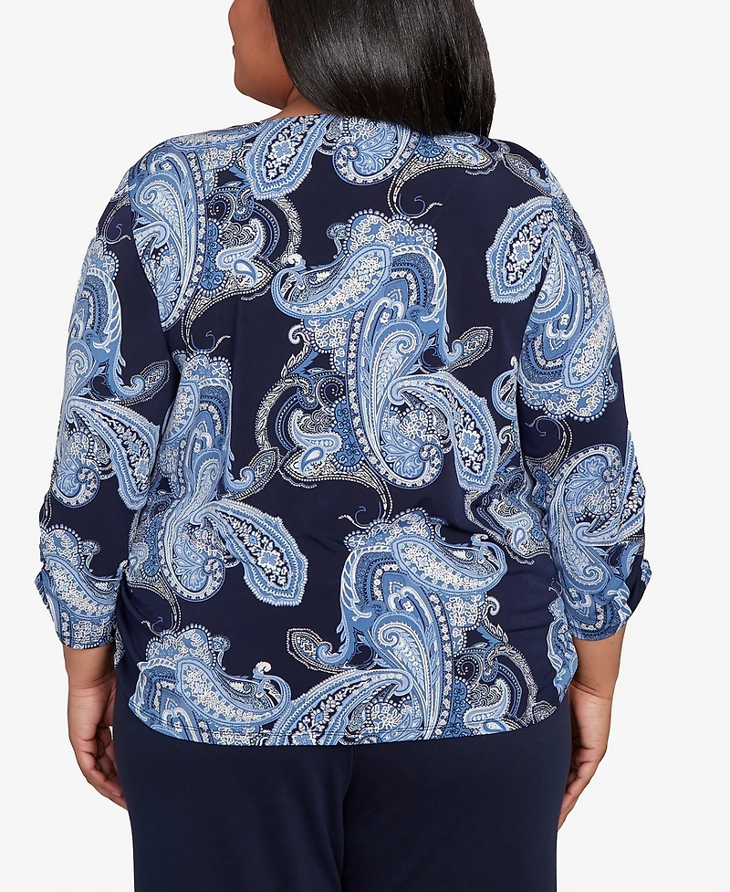 Alfred Dunner Plus Classic Puff Print Paisley Gold Foil Keyholeneck Top