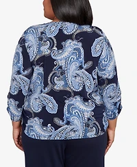 Alfred Dunner Plus Classic Puff Print Paisley Gold Foil Keyholeneck Top