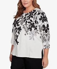 Alfred Dunner Plus Classic Shadow Leaf Three Quarter Sleeve Top
