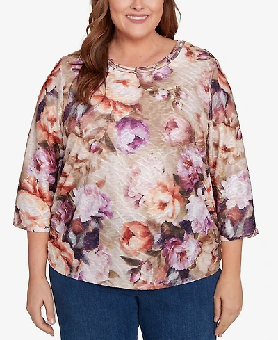 Alfred Dunner Plus Classic Textured Floral Ruched Sides Crew Neck Top