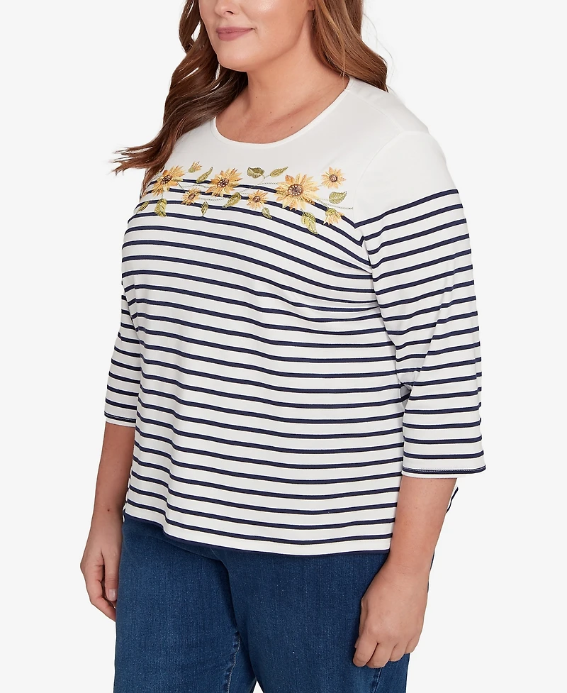 Alfred Dunner Plus Classic Sunflower Neckline Striped Top