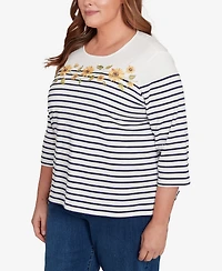 Alfred Dunner Plus Classic Sunflower Neckline Striped Top