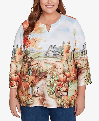 Alfred Dunner Plus Classic Farm Landscape Harvest Keyhole Neck Top