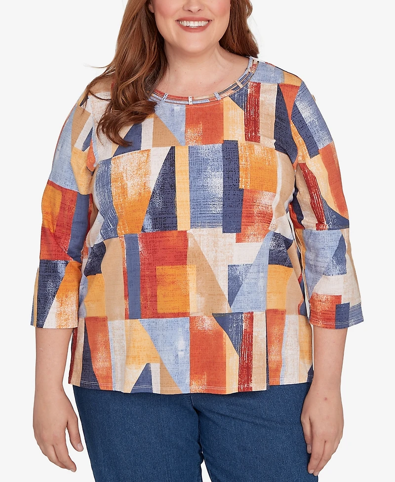 Alfred Dunner Plus Colorblock Detailed Crew Neck Top