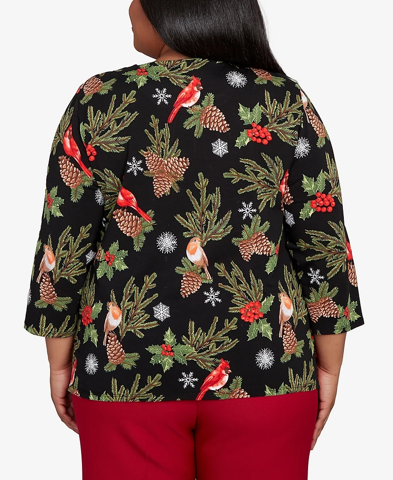 Alfred Dunner Plus Classic Cardinals And Pinecones Embellished Crew Neck Top