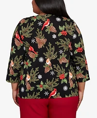 Alfred Dunner Plus Classic Cardinals And Pinecones Embellished Crew Neck Top