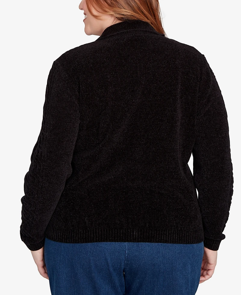 Alfred Dunner Plus Classic Zip-Front Chenille Collared Cardigan Sweater