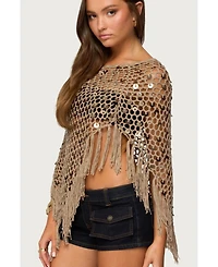 Edikted Women's Fringe Sequin Crochet Poncho