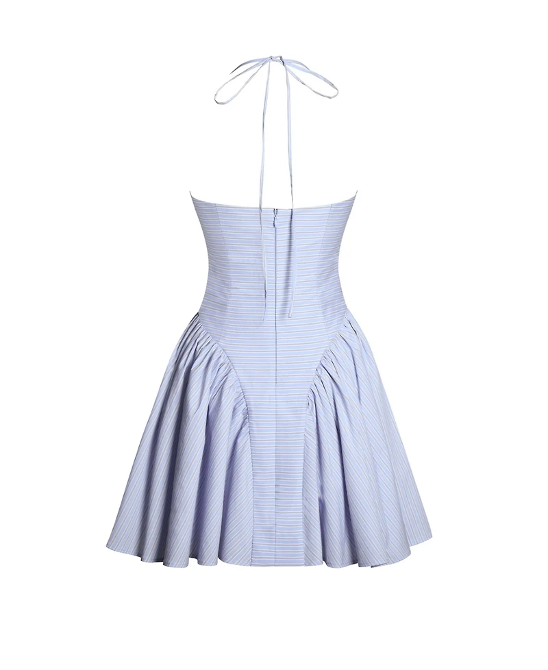 Miss Circle Women's Melody Baby Blue Railroad Stripe Halter Drop Waist Mini Dress