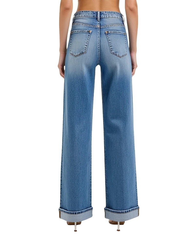 Modenaire Women's Wide-Leg Button-Fly Cuffed Patch Pocket Jeans
