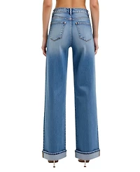 Modenaire Women's Wide-Leg Button-Fly Cuffed Patch Pocket Jeans