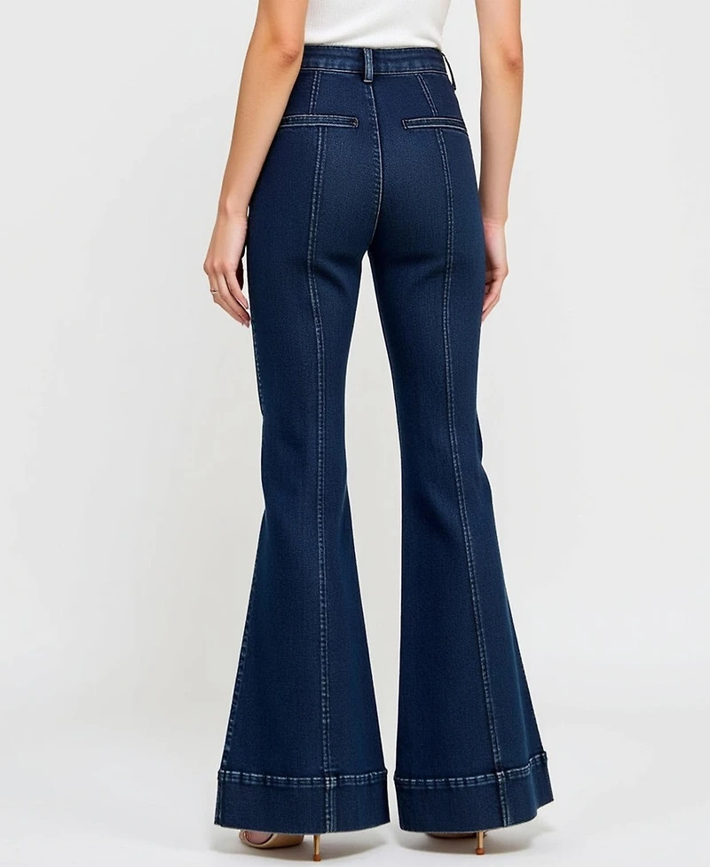 Modenaire Women's High Waist Flare Cuffed Hem Patch Pocket Jeans