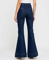 Modenaire Women's High Waist Flare Cuffed Hem Patch Pocket Jeans