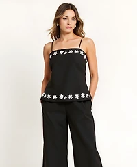 Modenaire Women's Embroidered Floral Hem Camisole and Wide-Leg Pant Set