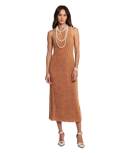 Modenaire Women's Hand-Embellished Sleeveless Mesh Sequin Midi Dress