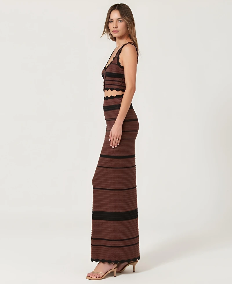 Modenaire Women's Scallop Trim Crochet Striped Knit Crop Top and Maxi Skirt Set