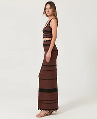 Modenaire Women's Scallop Trim Crochet Striped Knit Crop Top and Maxi Skirt Set