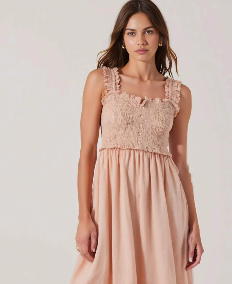 Modenaire Women's Smocked Ruffle-Strap Button-Front Midi Dress