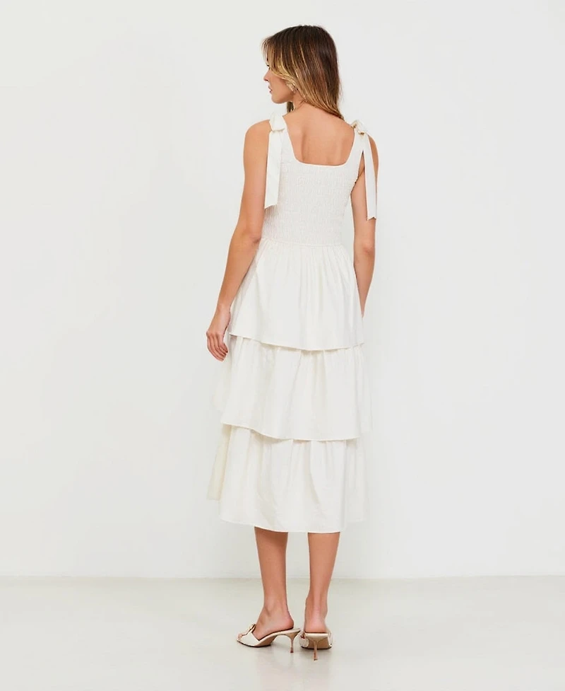 Modenaire Women's Tiered Smocked Bow-Tie Shoulder Midi Dress