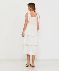 Modenaire Women's Tiered Smocked Bow-Tie Shoulder Midi Dress