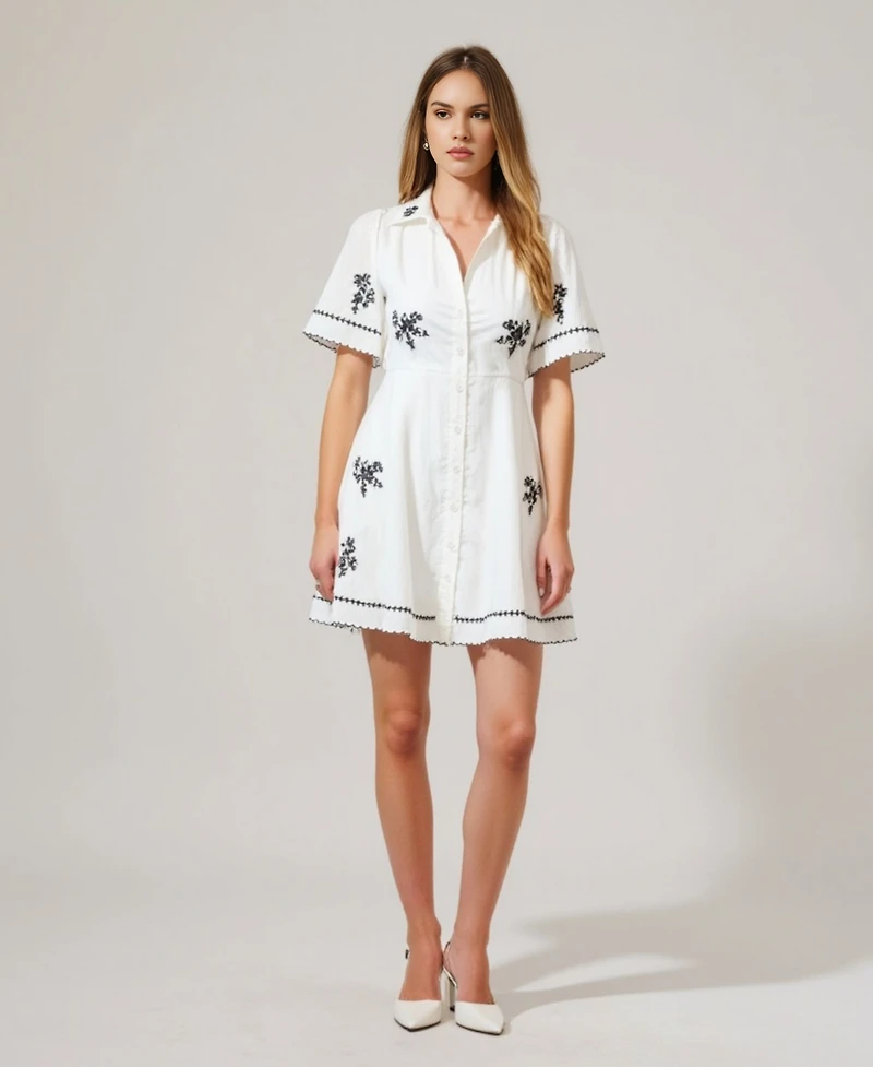 Modenaire Women's Short-Sleeve Embroidered Scalloped Shirt Dress