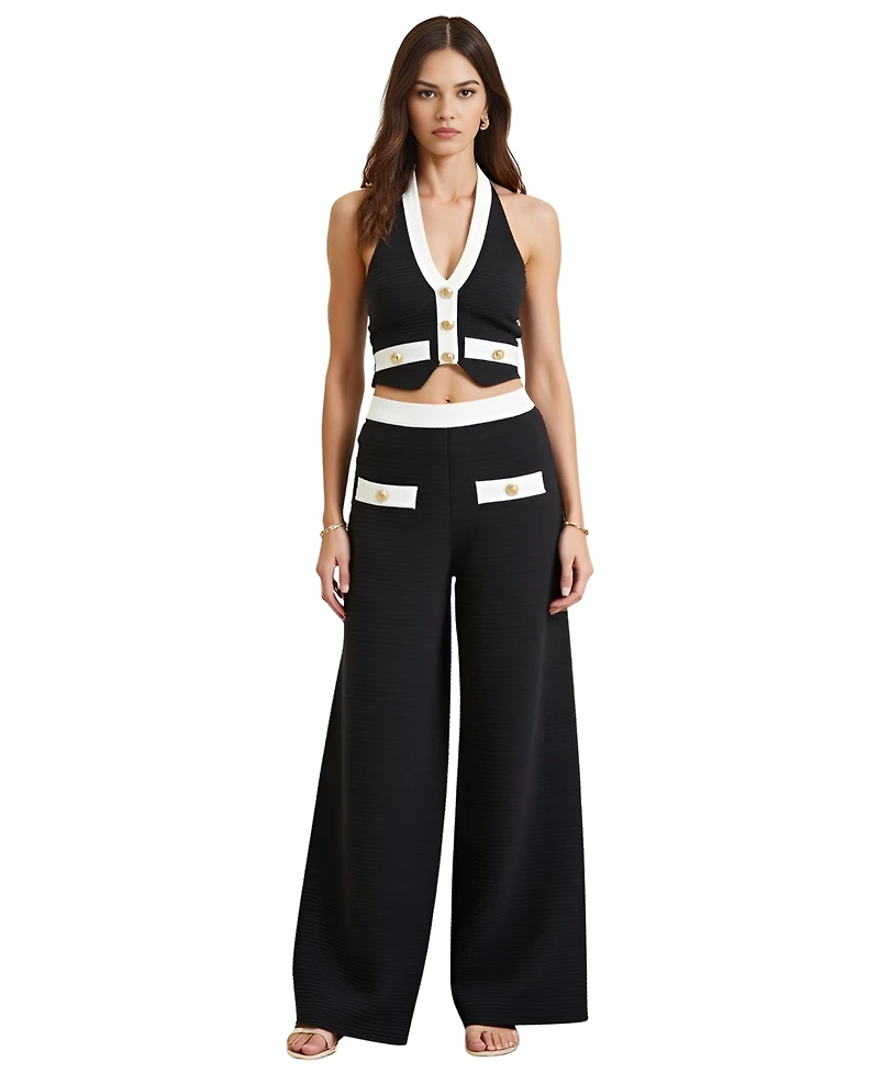 Modenaire Women's Two-Piece Halter Crop Top and Wide-Leg Pant Set