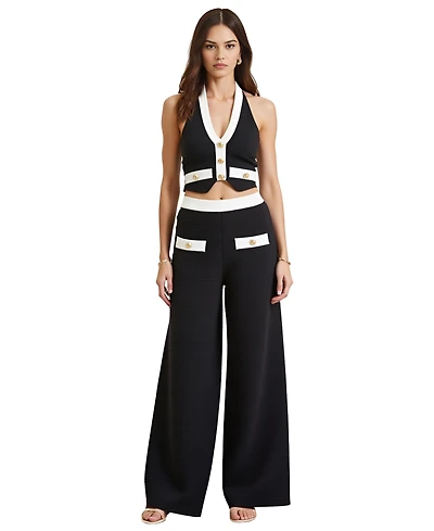 Modenaire Women's Two-Piece Halter Crop Top and Wide-Leg Pant Set