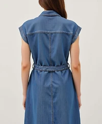 Modenaire Women's Sleeveless Button-Front Tie-Waist Midi Shirt Dress