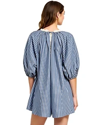 Modenaire Women's Striped V-Neck Front Tie 3/4 Sleeve Romper