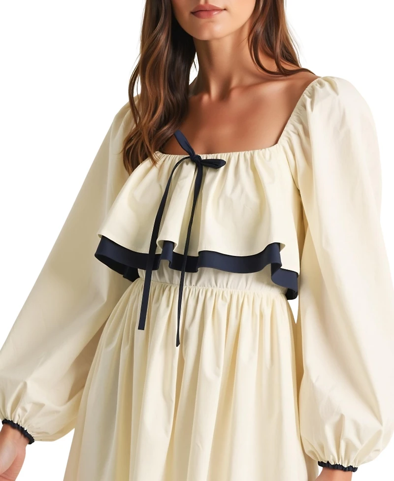 Modenaire Women's Long Sleeve Ruffle Trim Tie Front Midi Dress