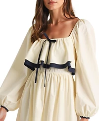 Modenaire Women's Long Sleeve Ruffle Trim Tie Front Midi Dress