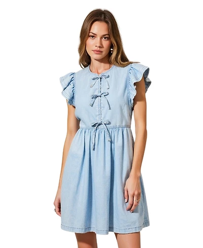 Modenaire Women's Sleeveless Ruffle Bow-Tie Front Drawstring Mini Dress