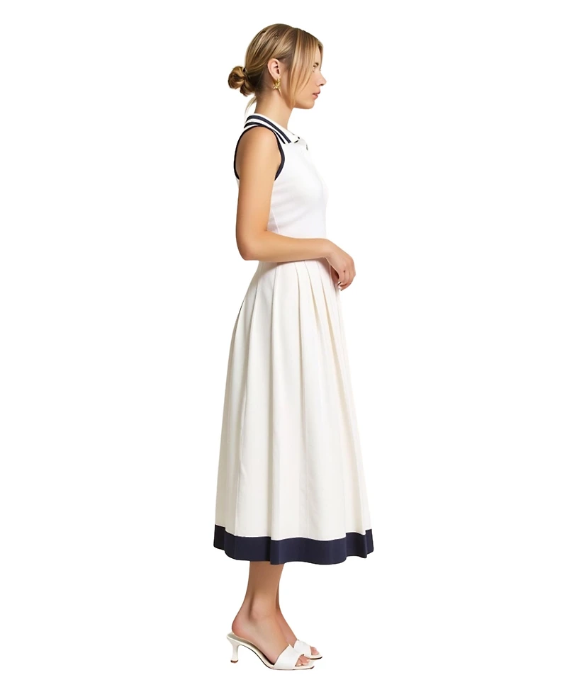 Modenaire Women's Sleeveless Knit Midi Dress with Contrast Collar