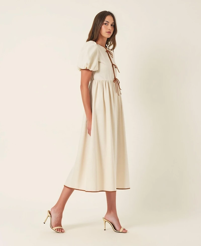 Modenaire Women's Puff Sleeve Contrast Tie Midi Dress