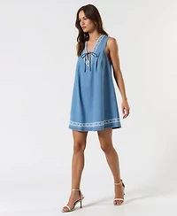 Modenaire Women's Sleeveless Embroidered Trim Tie Front Mini Dress