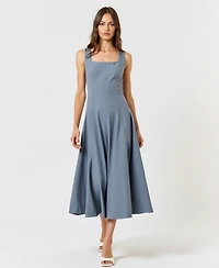 Modenaire Women's Wide Strap Square Neck Fit & Flare Midi Dress