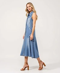Modenaire Women's Sleeveless Frayed Seams Button Front Midi Dress