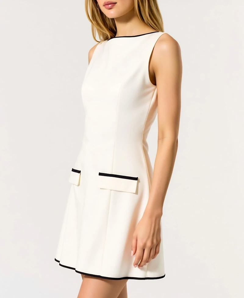 Modenaire Women's Sleeveless Contrast Trim Faux Pocket Flaps Mini Dress