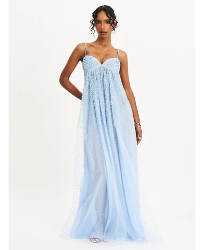 Miss Circle Women's Wallie Baby Blue Rhinestone Embellished Mesh Backless Gown