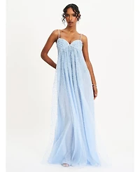 Miss Circle Women's Wallie Baby Blue Rhinestone Embellished Mesh Backless Gown