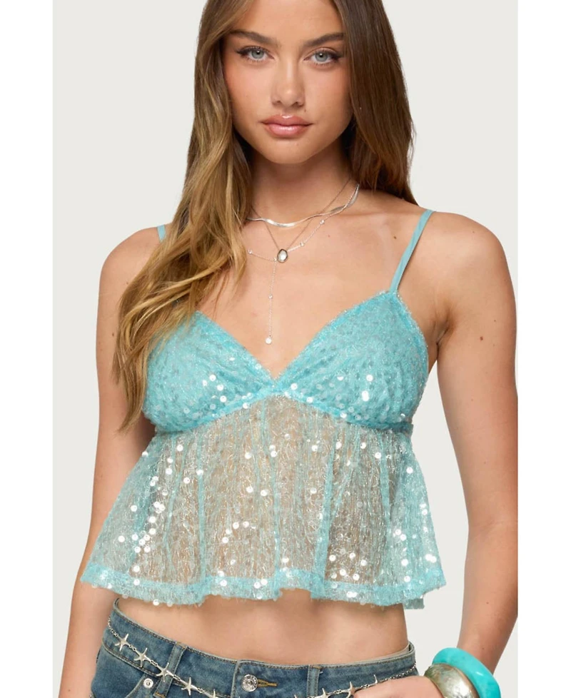 Edikted Women's Sheer Sequin Babydoll Tank Top