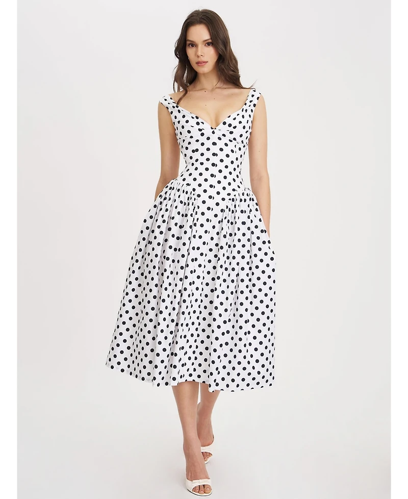 Miss Circle Women's Rahma Polka Dot Drop Waist Midi Cotton Poplin Dress