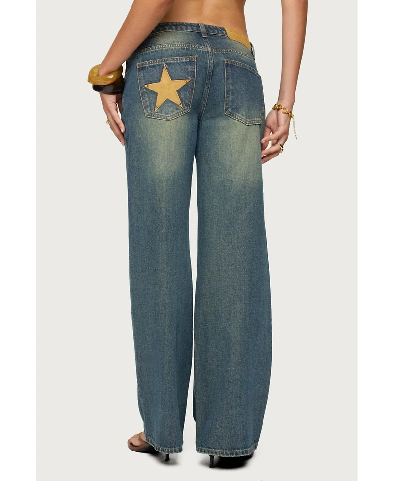 Edikted Women's Faux Suede Star Low Rise Jeans