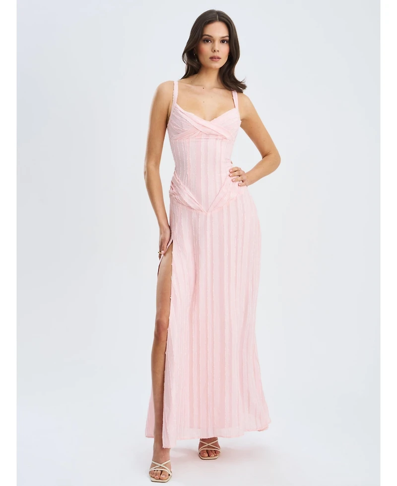 Miss Circle Women's Mallory Baby Pink Stripe Jacquard High Slit Gown
