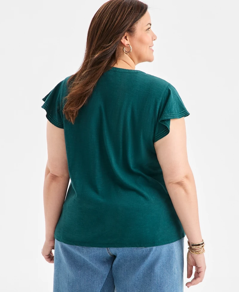 Style & Co Plus Embroidered Flutter-Sleeve Knit Top, Macy's Exclusive