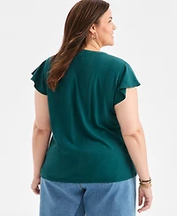 Style & Co Plus Embroidered Flutter-Sleeve Knit Top, Macy's Exclusive